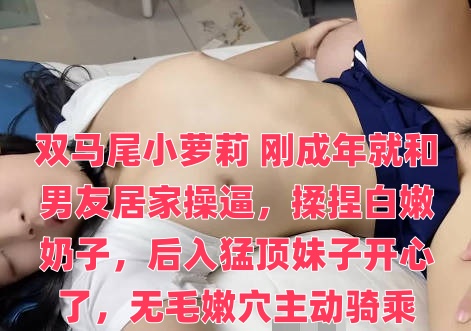 双马尾小萝莉 刚成年就和男友居家操逼，揉捏白嫩奶子，后入猛顶妹子开心了，无毛嫩穴主动骑乘